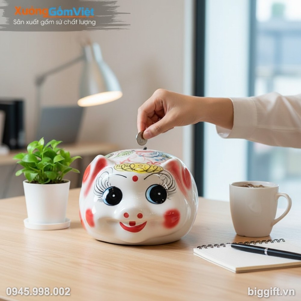 Heo đất in logo qu&agrave; tặng trong kh&ocirc;ng gian l&agrave;m việc chuy&ecirc;n nghiệp