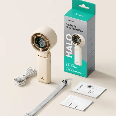 Đồ họa Package Includes Halo 02 màu kem giữ hộp HALO logo Aecooly quạt cáp USB trắng dây xám có điều chỉnh và tài liệu hướng dẫn nguyên bản