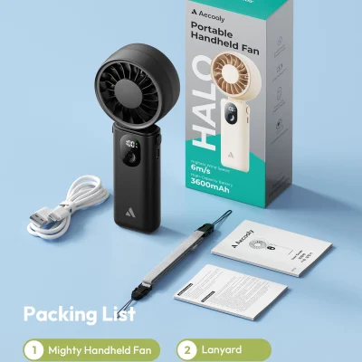 Đồ họa Packing List AECOOLY Halo 04 giữ quạt đen hộp HALO in hình màu sáng pin 3600mAh cáp USB A Type C dây xám tài liệu và toàn bộ chữ logo