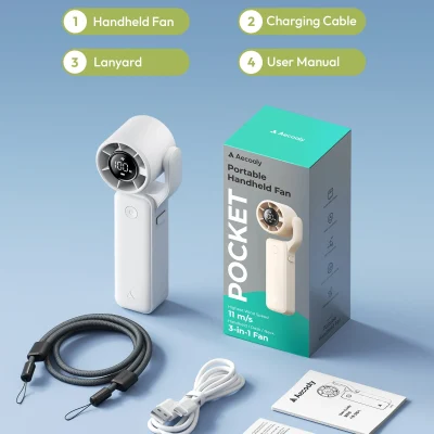 Đồ họa Packing List AECOOLY AirGimbal trắng giữ logo hộp Handheld Fan Charging Cable Lanyard User Manual dây xám cáp trắng và tài liệu
