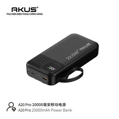 Catalogue AKUS A20 Pro đen đặt nằm giữ cạnh cổng USB-A lõi cam hai cổng nhỏ chi tiết tròn vòng xách logo và chú thích gốc