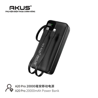 Catalogue AKUS A20 Pro giữ hai dây đầu USB-C Lightning màn hình 100 vòng xách nút cạnh logo và chú thích dung lượng gốc