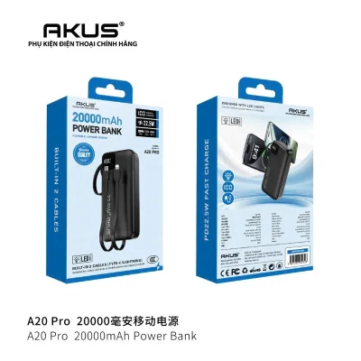 Catalogue hai mặt hộp xanh AKUS A20 Pro giữ mã 20000mAh chữ 22.5W thông tin hai dây bảng nhãn và chú thích gốc