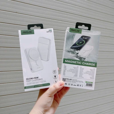 Ảnh thật hai mặt hộp AKUS DP123 giữ mã dung lượng mức công suất bảng thông số tên năm và mã vạch gốc
