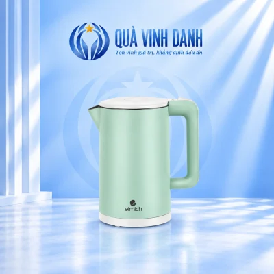 Ấm Elmich KEE1774B xanh mint giữ logo thấp thân nắp trắng tay cầm vuông và đế trắng trên nền Quà Vinh Danh không bục