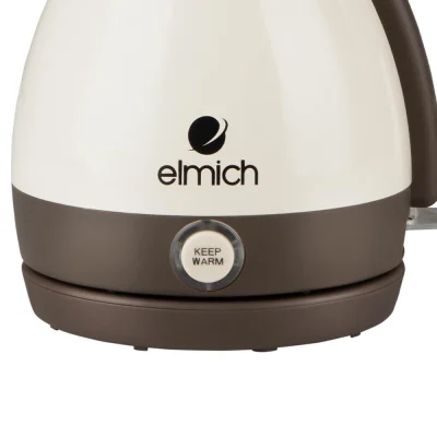 Ảnh chụp cận logo Elmich và nút tròn KEEP WARM giữ chữ trên thân kem cùng dải nâu