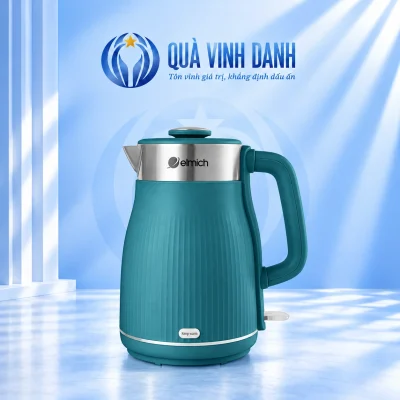 Ấm Elmich KEE8457SB Xanh Saphire gân dọc giữ logo cổ kim loại chữ Keep warm và tay cầm trên nền Quà Vinh Danh không bục