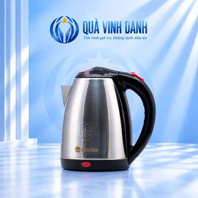 Ấm Rạng Đông RD-AST18 ST2 thân inox giữ logo vàng dấu SUS 304 tay cầm đen điểm đỏ trên nền Quà Vinh Danh không bục