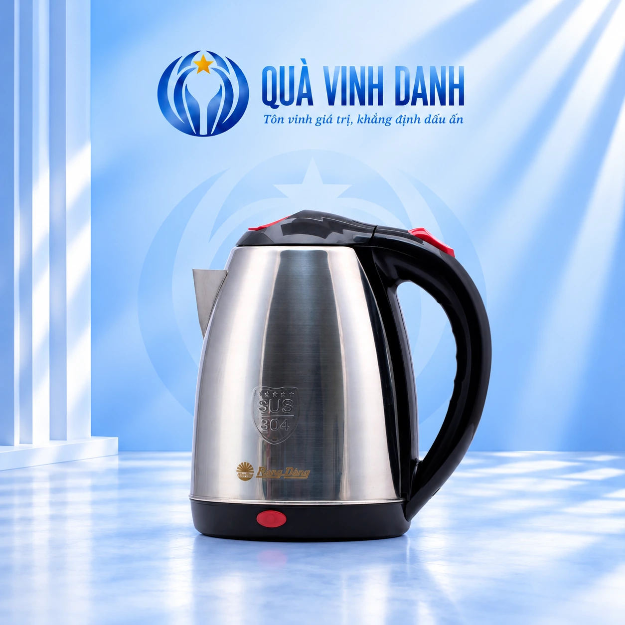 Ấm Rạng Đông RD-AST18 ST2 thân inox giữ logo vàng dấu SUS 304 tay cầm đen điểm đỏ trên nền Quà Vinh Danh không bục