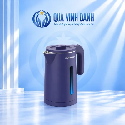 Ấm Sunhouse SHD1355 xanh than giữ logo SUNHOUSE dải đèn xanh tay cầm hở dưới và viền kim loại trên nền Quà Vinh Danh không bục