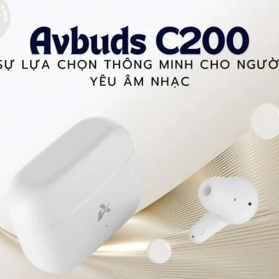 Catalogue Avbuds C200 với hộp trắng đóng và góc nhìn phần loa tai nghe