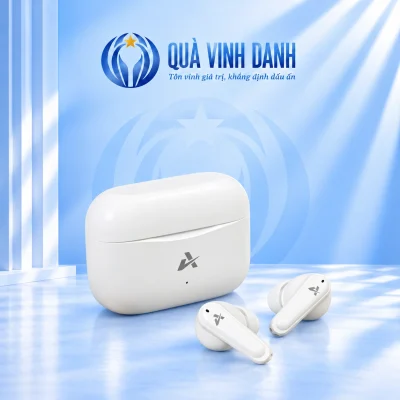 Tai nghe Avbuds C200 trắng và hộp đóng trên nền Quà Vinh Danh