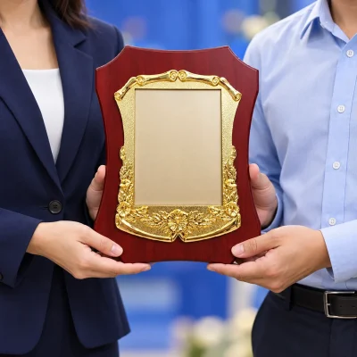 Minh họa đồng nghiệp trao bảng vinh danh mẫu 01 bằng cách cùng đỡ phần dưới bảng