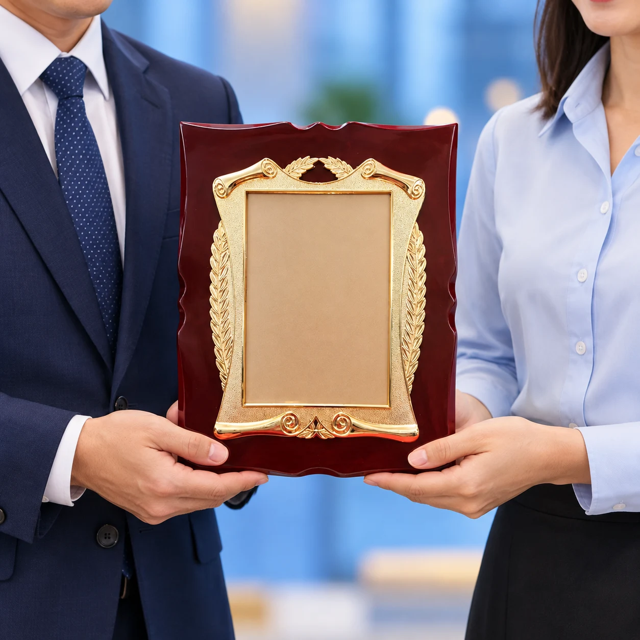 Minh họa đồng nghiệp trao bảng vinh danh nguyệt quế mẫu 02 bằng cách đỡ phần dưới