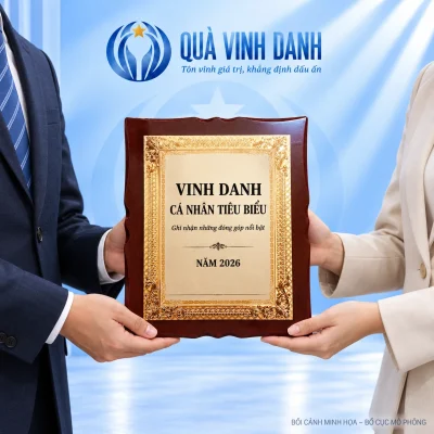 Bối cảnh minh họa hai người trao bảng vinh danh mẫu 04 với nội dung cá nhân tiêu biểu mô phỏng