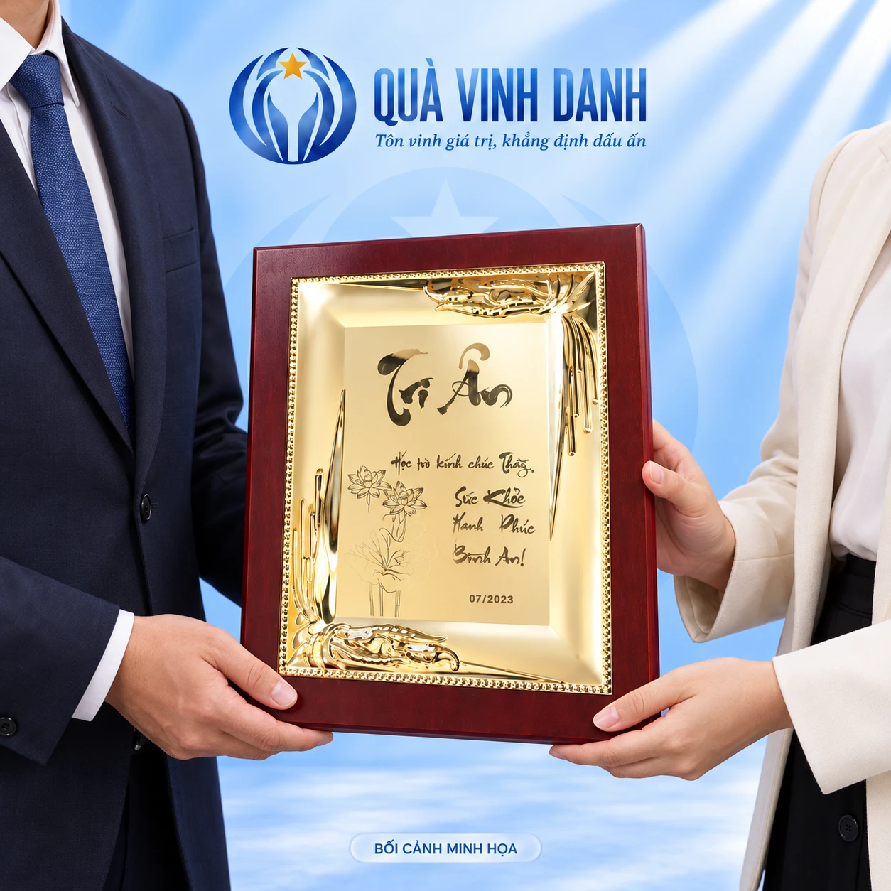 Bối cảnh minh họa trao bảng mẫu 05, giữ nguyên chữ Tri Ân, hoa sen, lời chúc và mốc 07/2023