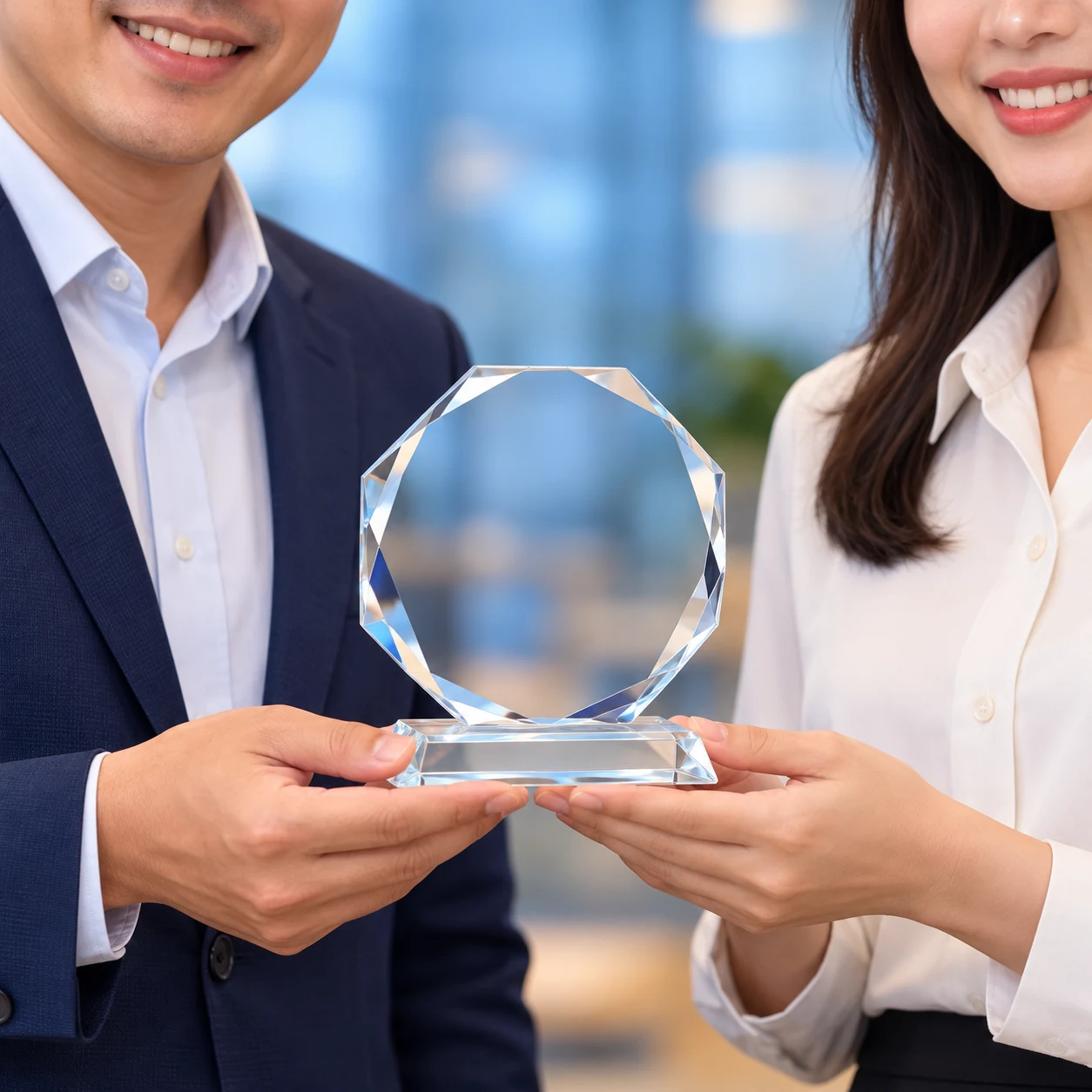 Cảnh minh họa hai đồng nghiệp trao kỷ niệm chương pha lê bát giác trống bằng cách đỡ chân