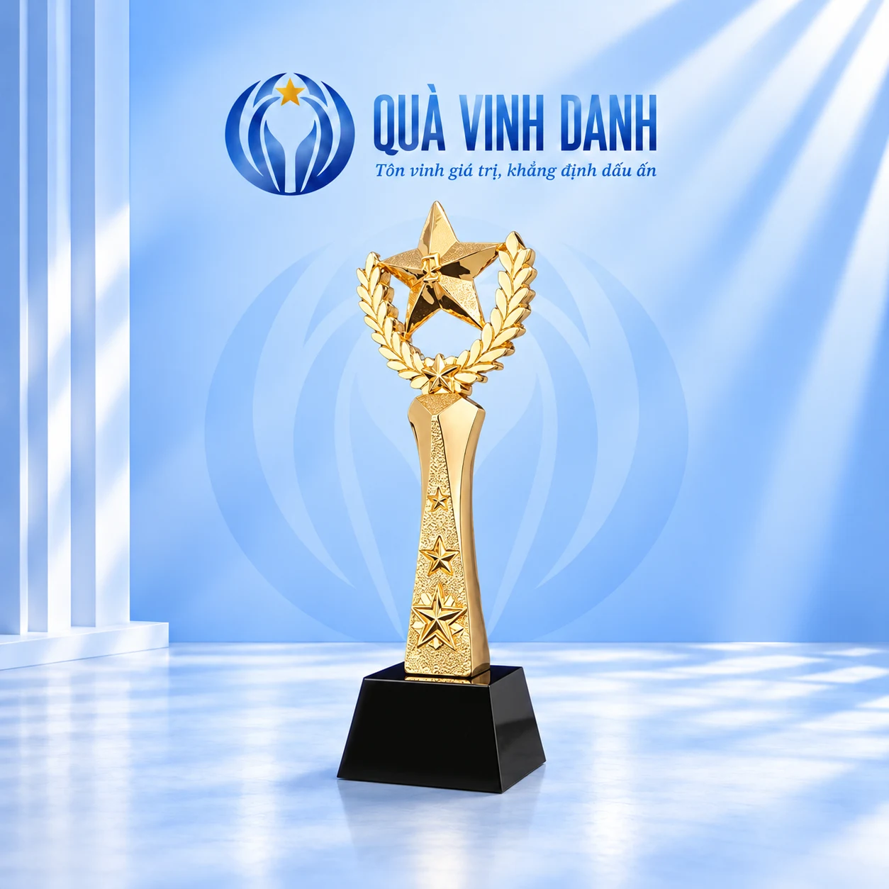 Biểu trưng mạ vàng mẫu 15 sao nguyệt quế và chân pha lê đen trên nền Quà Vinh Danh