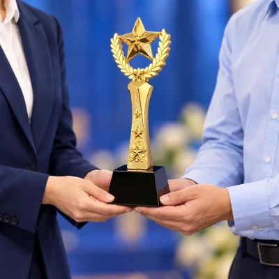 Minh họa hai đồng nghiệp cùng đỡ chân biểu trưng sao nguyệt quế mẫu 15 trong lúc trao tặng