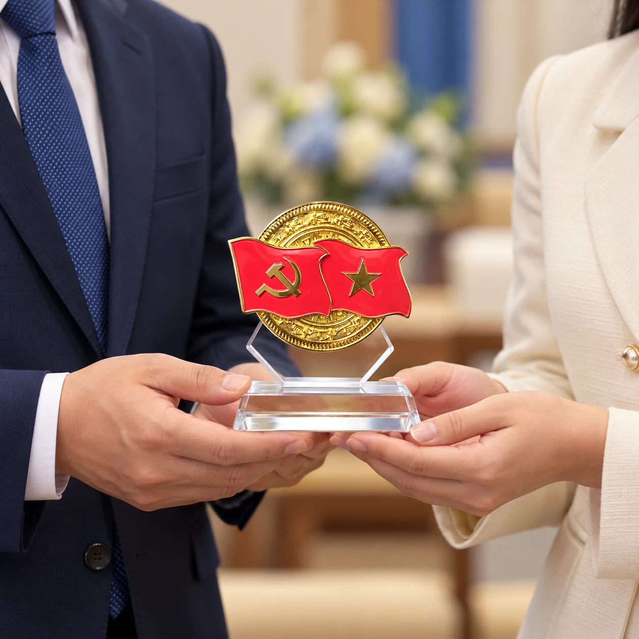 Minh họa trao nhận biểu trưng Lửa Việt tại buổi gặp mặt tri ân