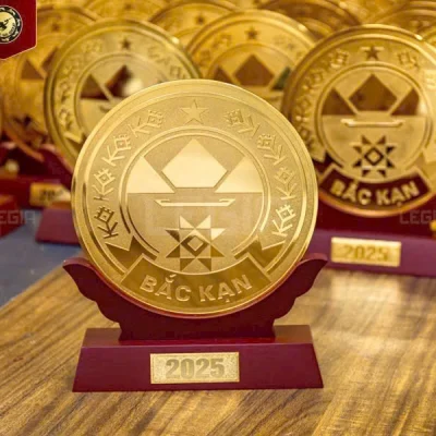 Ảnh nguồn nhiều biểu trưng mặt đồng trên đế gỗ với chữ Bắc Kạn và tag năm