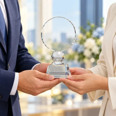 Minh họa trao nhận biểu trưng pha lê mặt tròn trên chân cầu cắt giác