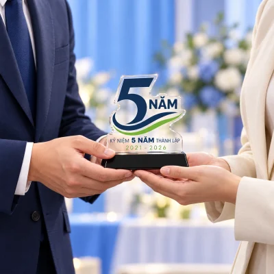 Minh họa hai người trao nhận biểu trưng số 5 tại buổi kỷ niệm doanh nghiệp