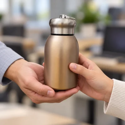 Minh họa hai người trao nhận một bình mini màu đồng nắp sáng quai gập