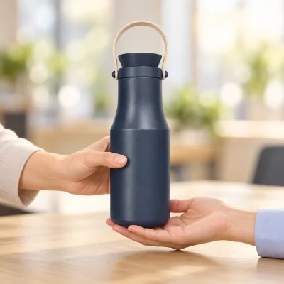 Minh họa hai bàn tay trao một bình xanh trơn dáng eo có quai vòng màu kem