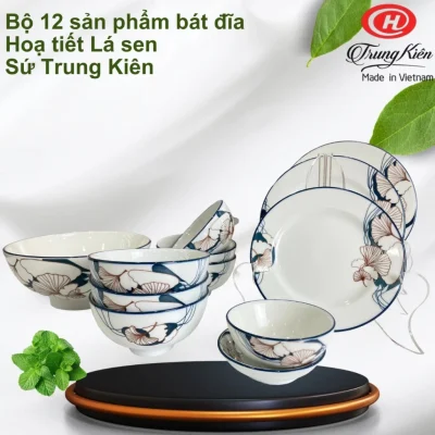 Tư liệu catalogue họa tiết Lá sen Trung Kiên giữ chữ Bộ 12 sản phẩm bát đĩa logo Trung Kiên Made in Vietnam và toàn bộ hình bộ