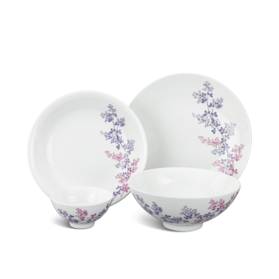 Tư liệu catalogue Daisy Cỏ Tím đại diện bốn loại gồm một chén một tô hai đĩa giữ nền trong suốt và nguyên họa tiết tím hồng