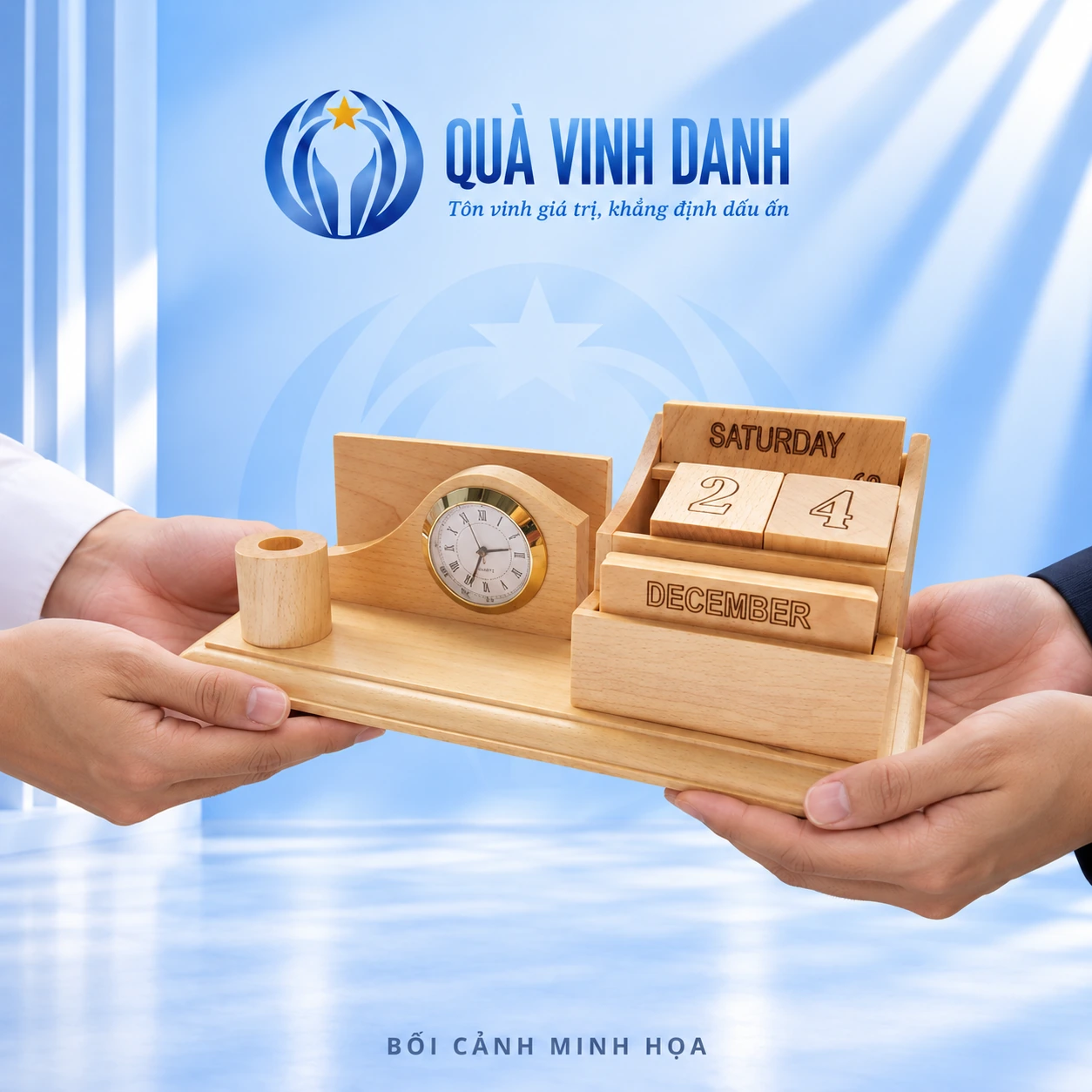 Bối cảnh minh họa các bàn tay trao bộ gỗ, giữ ống bút tròn, đồng hồ và lịch SATURDAY 24 DECEMBER, mặt hộc trống theo bản nguồn