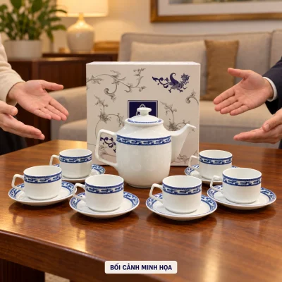 Bối cảnh minh họa giới thiệu bộ trà Jasmine Chim Lạc với sáu chén và hộp trắng trên bàn tiếp khách