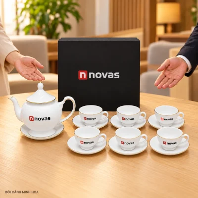 Bối cảnh minh họa giới thiệu bộ trà nắp chóp với một ấm sáu chén, giữ novas và hộp đen trên bàn