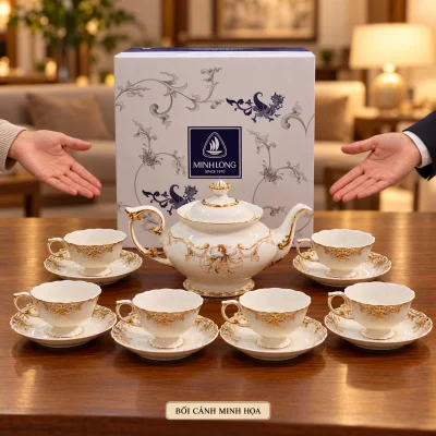 Bối cảnh minh họa giới thiệu bộ trà Đài Các một ấm, sáu chén và sáu đĩa trên bàn, giữ chữ và năm trên hộp nguồn