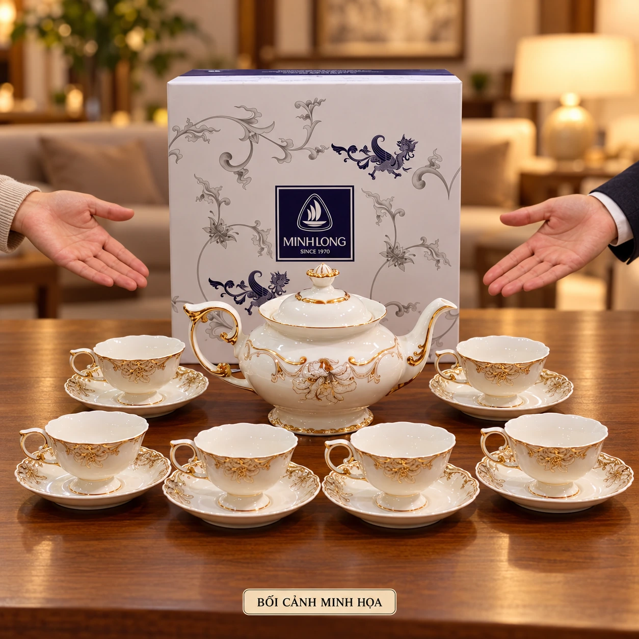 Bối cảnh minh họa giới thiệu bộ trà Đài Các một ấm, sáu chén và sáu đĩa trên bàn, giữ chữ và năm trên hộp nguồn
