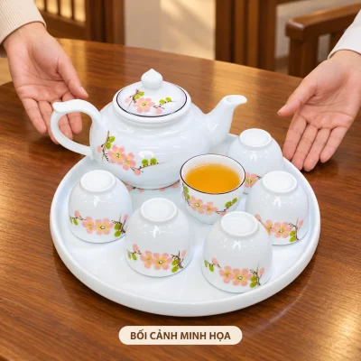 Bối cảnh minh họa giới thiệu bộ trà hoa màu hồng một ấm, sáu chén không quai và khay tròn trên bàn