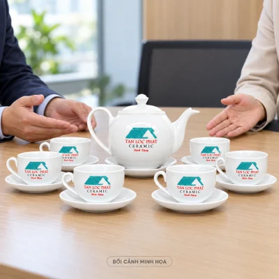 Bối cảnh minh họa hai người giới thiệu bộ trà trắng trên bàn, giữ TAN LOC PHAT CERAMIC Kính Tặng, một ấm và sáu chén có quai