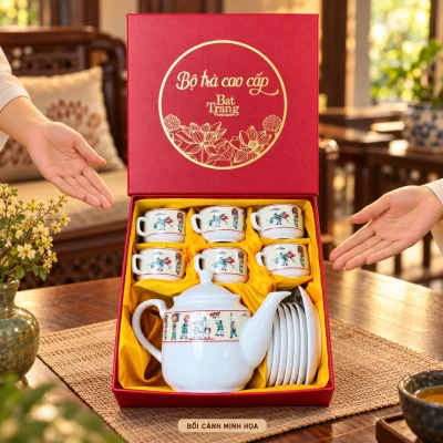 Bối cảnh minh họa giới thiệu hộp trà Vinh Quy Bái Tổ mở nắp trên bàn tiếp khách