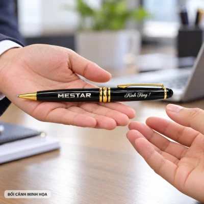 Bối cảnh minh họa trao một bút BKV 006 đen viền vàng, giữ chữ MESTAR và Kính Tặng từ nguồn