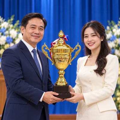Minh họa hai nhân vật trao nhận cúp 2023A trong hội trường