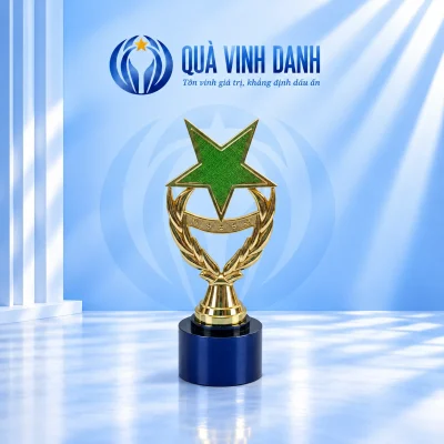 Cúp vinh danh mẫu 02 ngôi sao xanh, vòng lá màu vàng và đế trụ xanh đậm