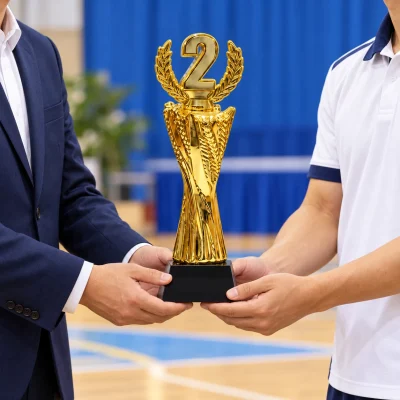 Minh họa trao cúp số 2 thân xoắn vàng đế đen trong bối cảnh hội thao