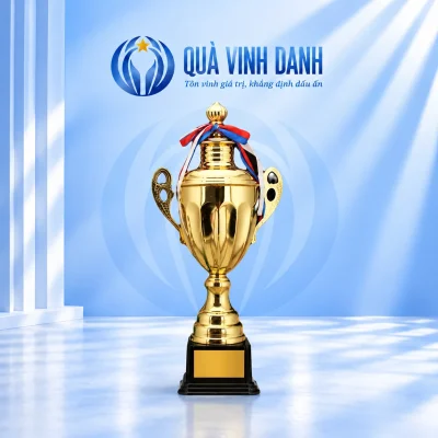 Cúp thể thao 1503A màu vàng hai quai, ruy băng đỏ trắng xanh và đế đen
