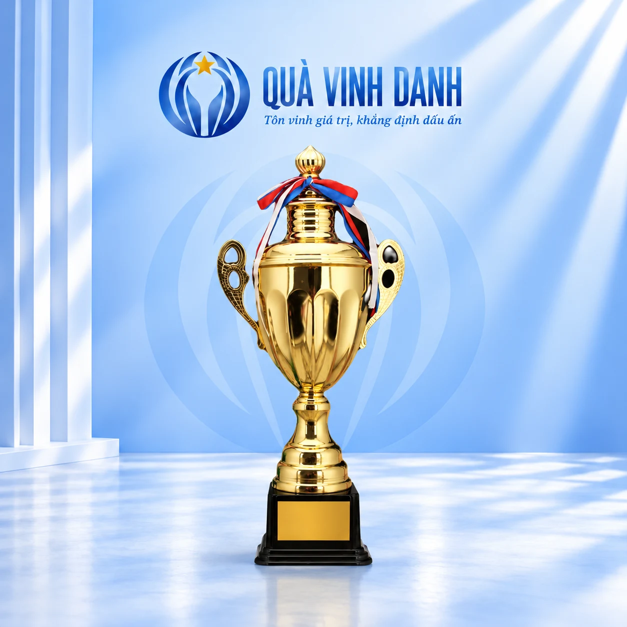 Cúp thể thao 1503A màu vàng hai quai, ruy băng đỏ trắng xanh và đế đen