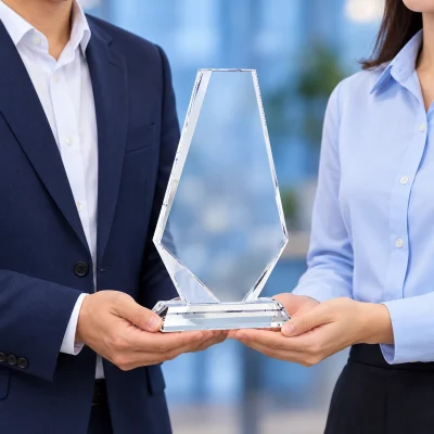 Minh họa hai đồng nghiệp trao kỷ niệm chương pha lê đa giác mẫu 13 bằng cách đỡ chân