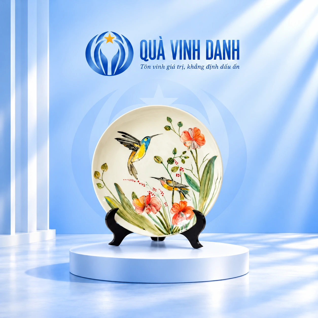 Đĩa biểu trưng vẽ tay mặt hai chim bay và ba hoa cam hồng trên nền kem, đế gỗ đen trong nền Quà Vinh Danh