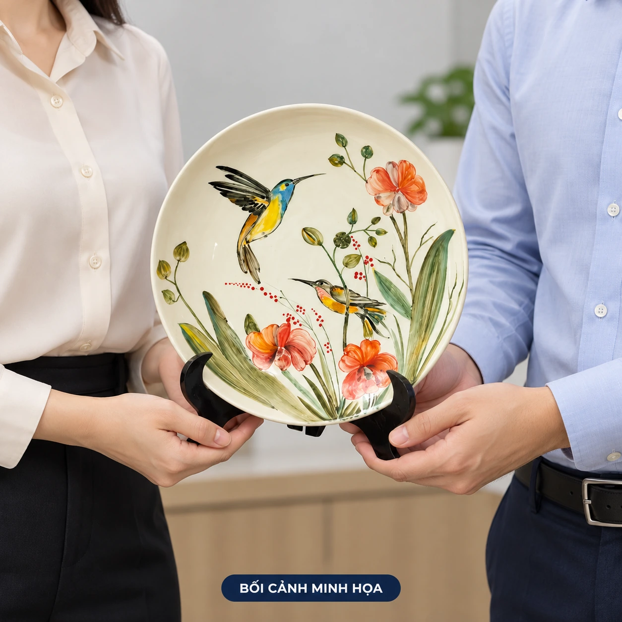 Bối cảnh minh họa trao đĩa chim hoa nền kem với đế đen, giữ hai chim bay và ba hoa cam hồng theo nguồn