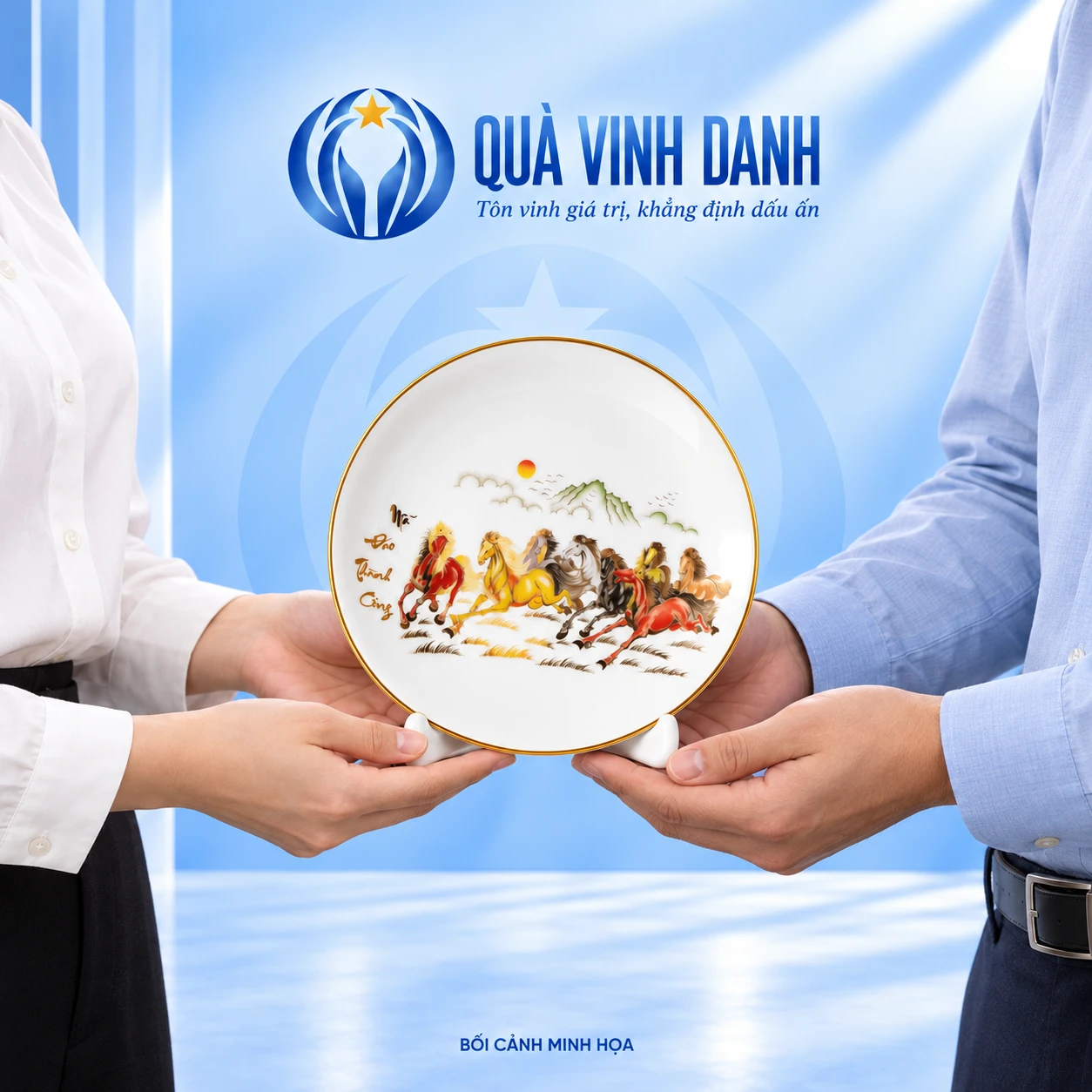 Bối cảnh minh họa hai người trao đĩa Mã đáo thành công cùng đế sứ, giữ nguyên tranh bát mã và chữ