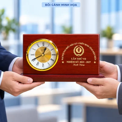 Bối cảnh minh họa trao đồng hồ gỗ 02 dáng bảng ngang, giữ tên Điện Biên, huy hiệu, nhiệm kỳ 2022–2027 và Kính Tặng
